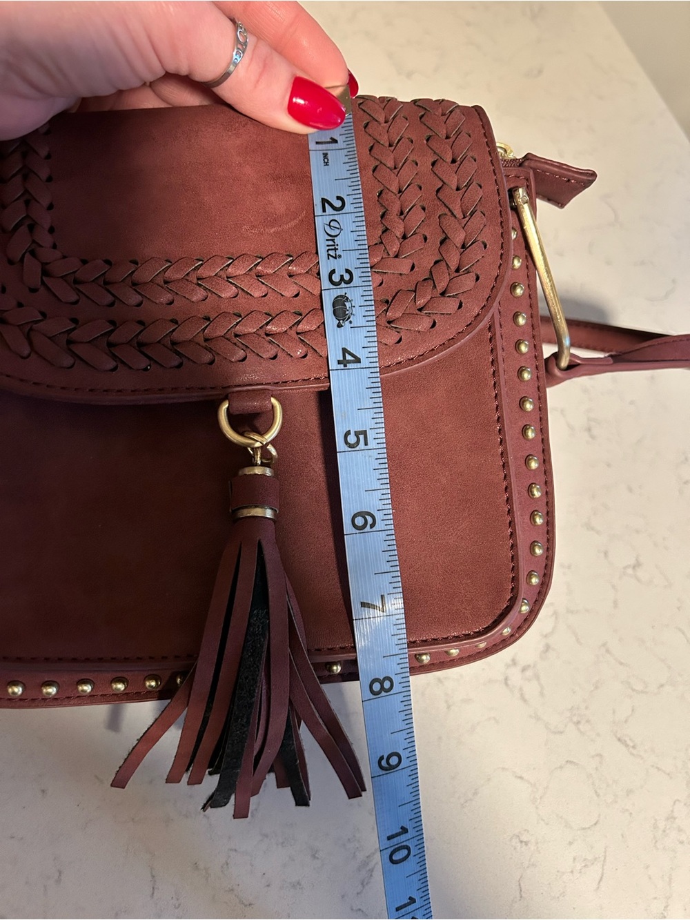 Like New Francesca’s Burgundy Woven Tassel Studded Crossbody Bag - Picture 12 of 14